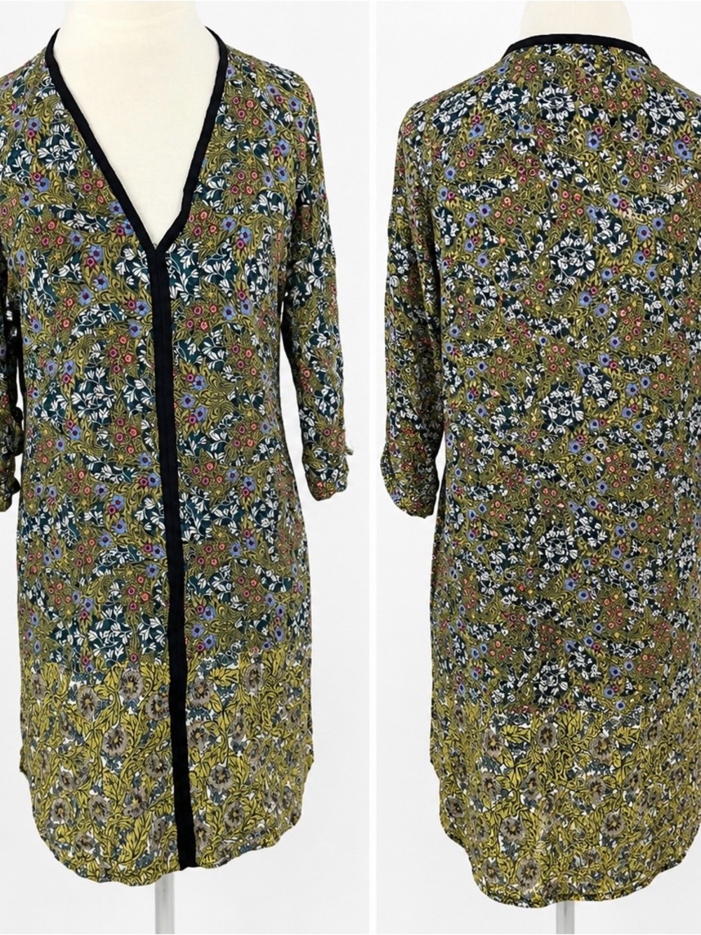 Zara Olive Green Floral Tunic with Black Trim L